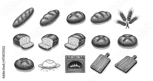 Monochrome bread variety with baking tools and ingredients