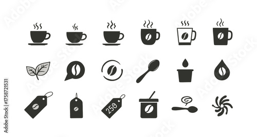 Minimalist coffee icons set with cups, beans, and spoons for cafe menus