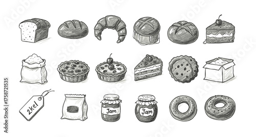 Hand drawn bakery items with bread, pastries, cakes, and jams in black and white sketch style