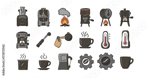 Vintage coffee brewing and roasting equipment icons in hand drawn style