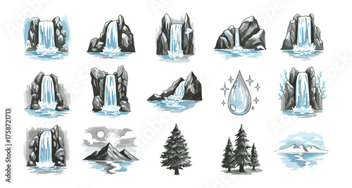 Collection of hand-drawn waterfalls and nature elements with water droplet accents