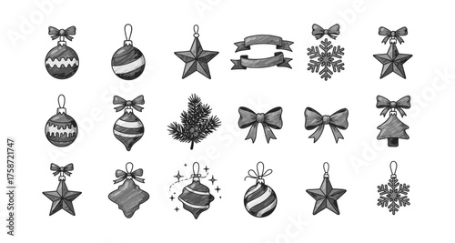 Monochrome holiday decorations with bells and snowflakes for festive design