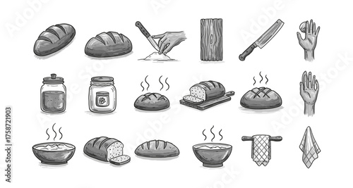 Hand drawn bakery elements set featuring bread, hands, and kitchen tools
