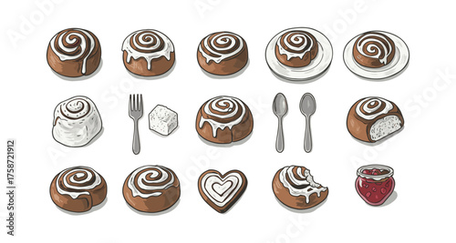 Delicious assorted cinnamon rolls with icing and jam