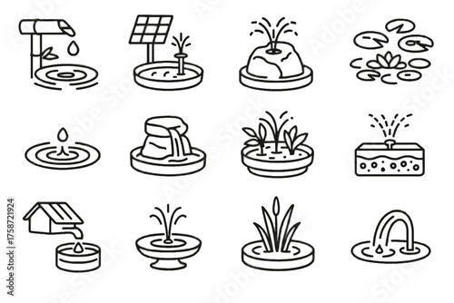 Water basin fountain bamboo icon plants small eco tank stone vector icons