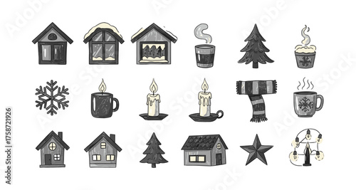 Cozy winter elements collection featuring houses, trees, and hot beverages