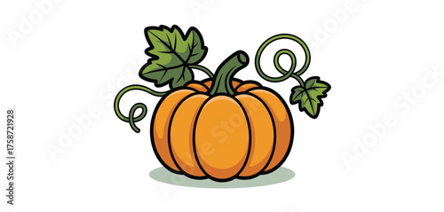 Cartoon illustration of a ripe orange pumpkin with green leaves and vines