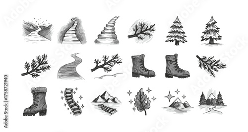 Monochrome winter hiking elements with scenic landscapes and nature icons