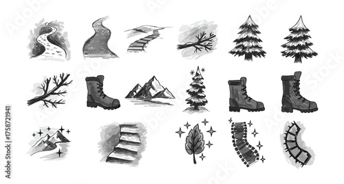 Monochrome hiking icons collection featuring trees, boots, and trails in a sketched style