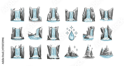 Hand drawn waterfall collection with forest elements and sparkling water drops