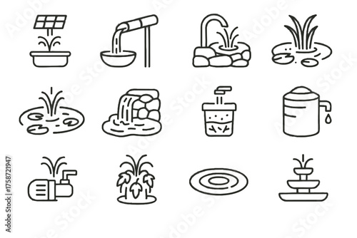 Vector eco bamboo fountain icon system structure floating water rainwater icons aquatic