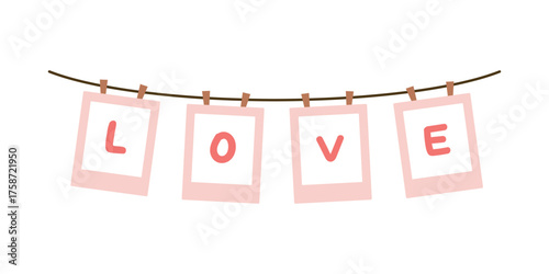 Hanging pink photo frame with love text. Valentine, memory, anniversary, love, couple, romance concepts. Flat decorative vector design isolated illustration.