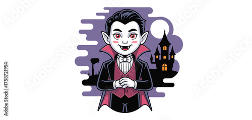 Cute cartoon vampire character with castle and moon background