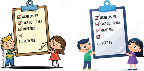 Happy children holding big checklist board with daily chores, teamwork, responsibility learning, cartoon kids completing tasks, housework education