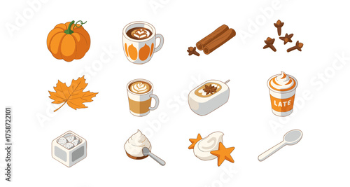 Autumn coffee and spice elements with pumpkin, latte, and seasonal decor