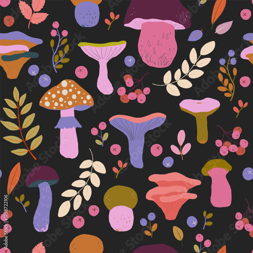 Cute seamless pattern with colourful hand drawn mushrooms, fallen leaves and wild forest berries. Bright autumn tiling background, textile, wrapping paper. Cozy fall wallpaper.
