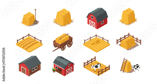 Isometric farm elements collection: barns, hay, cows, and fences
