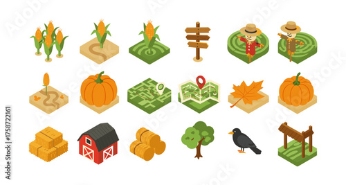 Autumn harvest and farm icons in isometric style