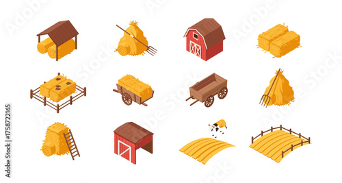 Isometric farm elements collection with hay bales, barns, and carts