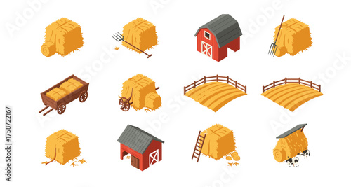 Isometric farm icons: hay bales, barn, wagon, and bridge collection