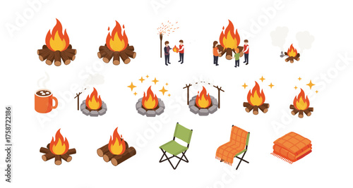 Cozy campfire set with flames and camping gear in isometric style