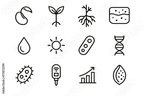 Biology vector chart dna seed sun strand icon set growth microbe germinating