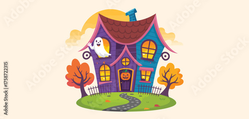 Whimsical halloween haunted house with ghost and autumn trees