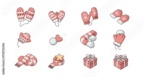 Cozy winter accessories collection for holiday season with gloves, mittens, and gifts