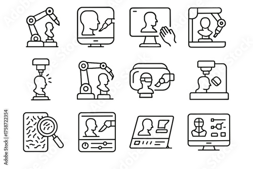 Interactive automated modeling analyzer robot ai texture vector icon screen sculptor connected