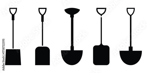 Essential Tools Vector Set – Shovel Silhouettes and Speaker Icons for Construction, Gardening, and Media Design