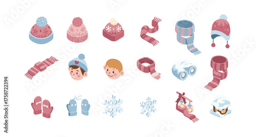 Winter accessories and snowflakes in cute isometric style with cozy hats, scarves, and mittens