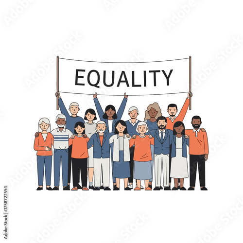 Diverse group of people united holding a banner promoting equality and inclusion for all generations and backgrounds