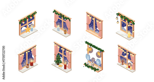 Isometric christmas window decorations set with festive curtains and star lights