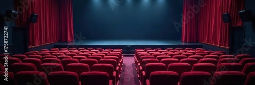 Serene Empty Theater Plush Velvet Seats, Drawn Curtains, Peaceful Atmosphere, Perfect for Relaxation and Contemplation
