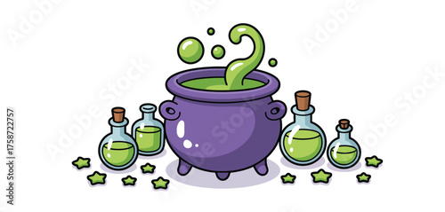 Whimsical halloween cauldron bubbling with green potion surrounded by bottles and stars