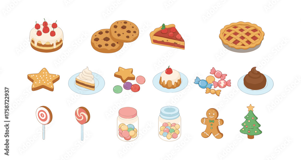 Fototapeta premium Assorted sweets: cakes, cookies, pies, candies, gingerbread in flat style