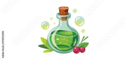 Glass bottle with green liquid and cork stopper surrounded by leaves and berries