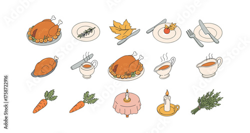 Thanksgiving dinner elements with turkey, candles, and plates in flat style