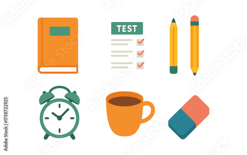 Education essentials: flat design of books, test, pencils, clock, mug, and eraser