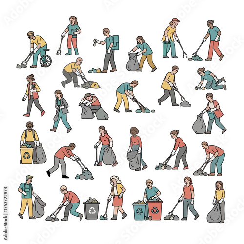 Diverse group of people cleaning up litter and recycling in community, promoting environmental awareness and sustainability for a cleaner future