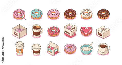 Collection of colorful donuts and coffee in modern pastel isometric style