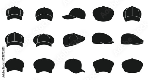 A collection of different black baseball caps and hats displayed neatly