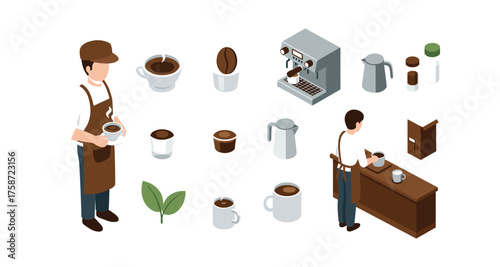 Isometric coffee shop elements with barista and equipment