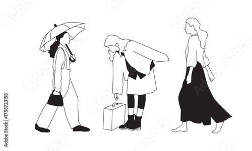 Set of three women illustrated in vector svg - different city activity