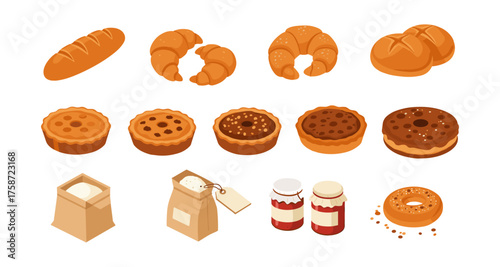 Isometric bakery icons: croissants, pies, bread, and jams for culinary designs