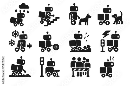 Icons challenges robot traffic vector light courier crowded icon overheating rain flat