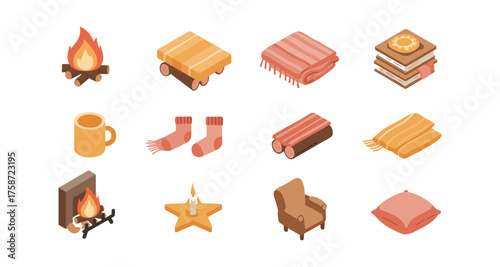 Cozy winter essentials in isometric style with blankets, socks, and hot beverage