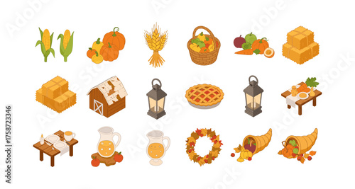 Isometric harvest set with corn, pumpkins, pie, basket, and lanterns