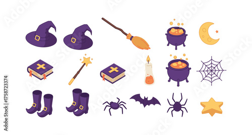 Halloween magic icons set: witches, potions, and spooky elements in isometric style
