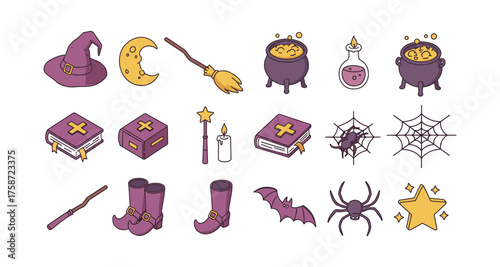 Charming halloween icons set featuring witch hat, cauldron, broomstick, and magical items
